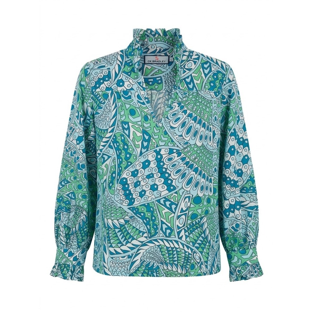 CK Bradley Blue Green Geometric Ruffle Collar Cotton Blouse Large
